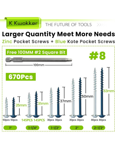 Kit de Tornillos de Agujero de bolsillo K Kwokker 670 Pcs