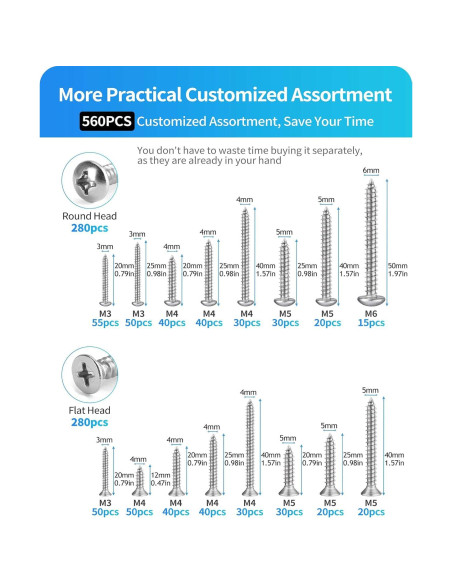 560 Tornillos Autoperforantes de Acero Inoxidable DIVANC M3-M6