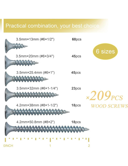 Kit de Tornillos de Madera JEGONFRI 209 Pcs Phillips 6 Tamaños