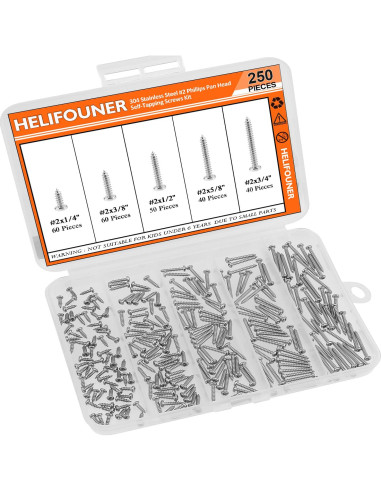 Juego de Tornillos de Madera HELIFOUNER 250 Piezas Acero Inoxidable