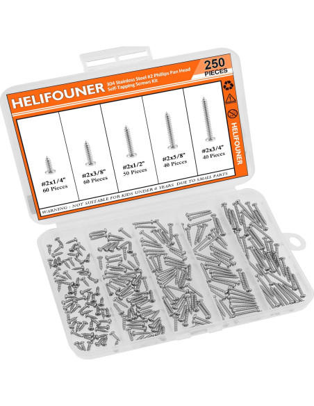 Juego de Tornillos de Madera HELIFOUNER 250 Piezas Acero Inoxidable Juego de Tornillos de Madera HELIFOUNER 250 Piezas Acero Inoxidable