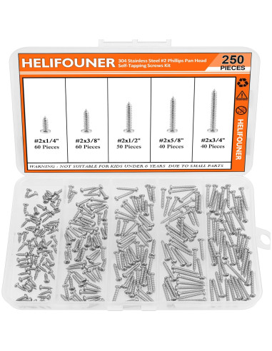 Juego de Tornillos de Madera HELIFOUNER 250 Piezas Acero Inoxidable