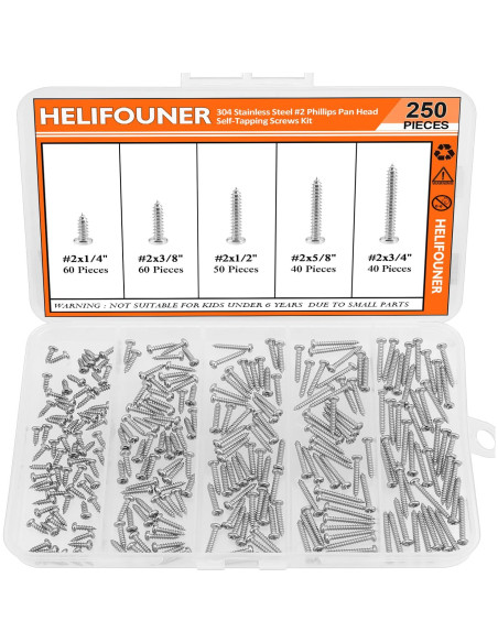 Juego de Tornillos de Madera HELIFOUNER 250 Piezas Acero Inoxidable Juego de Tornillos de Madera HELIFOUNER 250 Piezas Acero Inoxidable