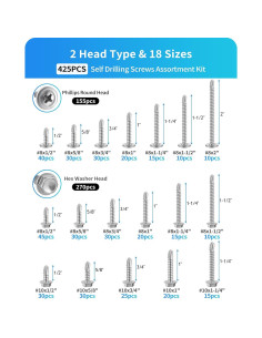 425 Tornillos Autoperforantes DIVANC Acero Inoxidable Plata 2