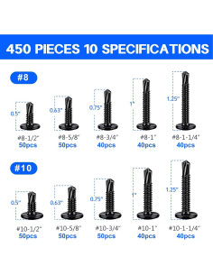 450 Tornillos Autoperforantes Acero Inoxidable 410 Negro 1.27 a 3.18 cm 2