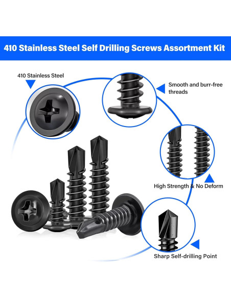450 Tornillos Autoperforantes Acero Inoxidable 410 Negro 1.27 a 3.18 cm