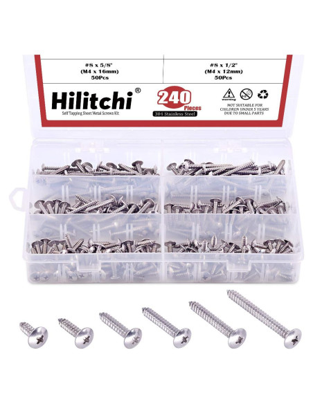 Kit de Tornillos Autoperforantes Hilitchi 240 Pcs Acero Inoxidable