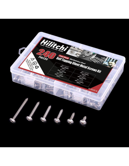 Kit de Tornillos Autoperforantes Hilitchi 240 Pcs Acero Inoxidable