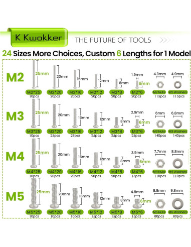 Kit de Tornillos y Tuercas K Kwokker 1315Pcs M2 M3 M4 M5