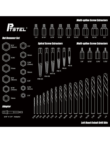 Juego de 49 Extractores de Tornillos y Brocas PTSTEL