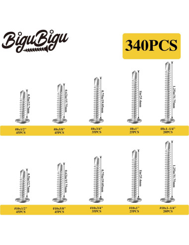 Kit de 340 Tornillos Autoperforantes Acero Inoxidable 410 BIGUBIGU