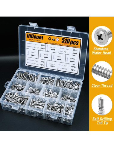 Kit 510 Tornillos Autoperforantes TEK Acero Inoxidable 410