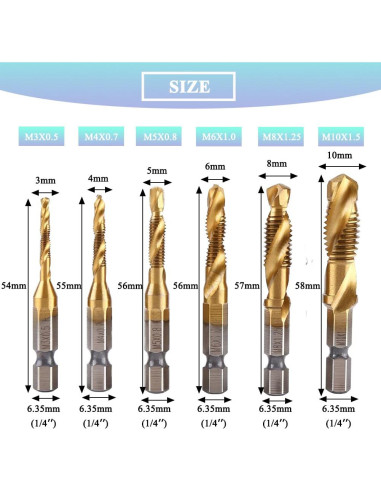 Juego de 6 brocas y machos HSS Teocpai 1/4" hexagonal