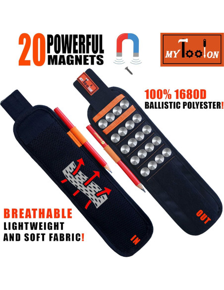Pulsera Magnética MYTOOLON con 20 Imanes y 2 Bolsillos - Negro