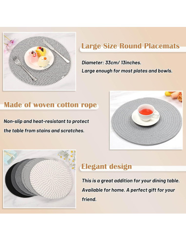 Juego de 6 Manteles Individuales Redondos Billbotk Algodón 33 cm