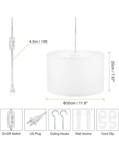 Luz Colgante PATIKIL Blanca con Cable de 4.57m y Pantalla de Tela 2