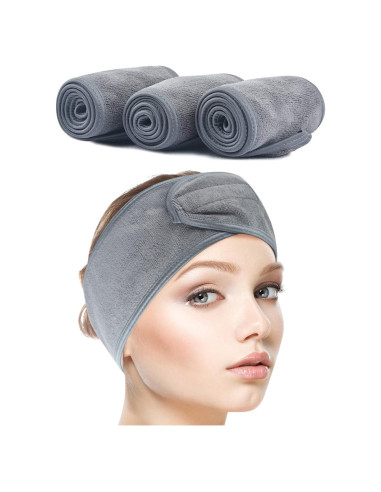 Banda de Maquillaje Ajustable Sinland 3 Unidades Microfibra Gris