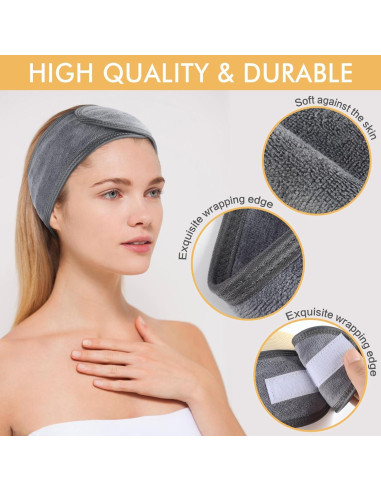 Banda de Maquillaje Ajustable Sinland 3 Unidades Microfibra Gris