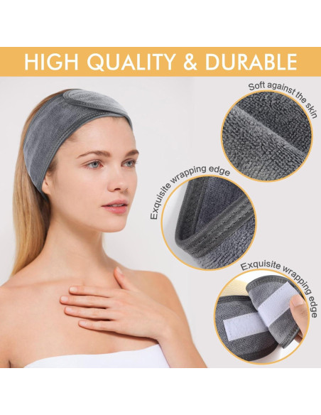 Banda de Maquillaje Ajustable Sinland 3 Unidades Microfibra Gris
