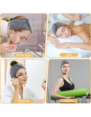 Banda de Maquillaje Ajustable Sinland 3 Unidades Microfibra Gris