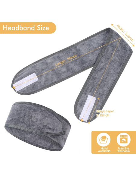 Banda de Maquillaje Ajustable Sinland 3 Unidades Microfibra Gris