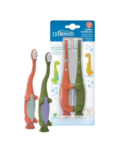 Cepillo de Dientes para Niños Dr. Brown Dinosaurio Verde y Naranja - Paquete de 2