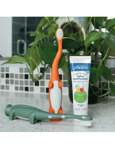 Cepillo de Dientes para Niños Dr. Brown Dinosaurio Verde y Naranja - Paquete de 2