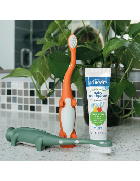 Cepillo de Dientes para Niños Dr. Brown Dinosaurio Verde y Naranja - Paquete de 2