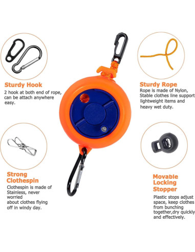 Cuerda de Lavandería Retráctil Eforwest 10m con 20 Pinzas