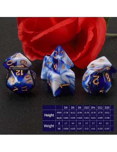 Dados Poliedricos QMAY 7 Piezas Azul y Blanco para D&D