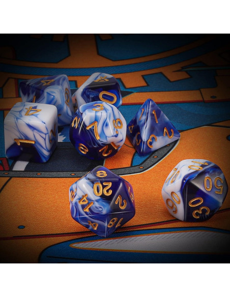 Dados Poliedricos QMAY 7 Piezas Azul y Blanco para D&D