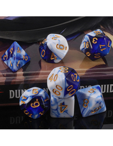 Dados Poliedricos QMAY 7 Piezas Azul y Blanco para D&D
