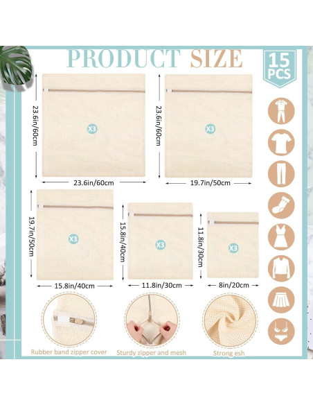 15 Bolsas de Lavandería de Malla Algodón Reallnaive 40x25cm