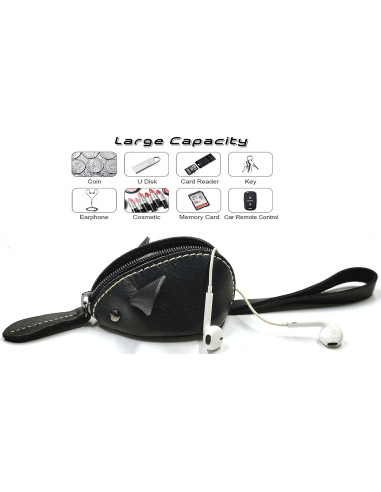 Monedero de Ratón de Cuero Genuino Niaiu Negro 7x10 cm