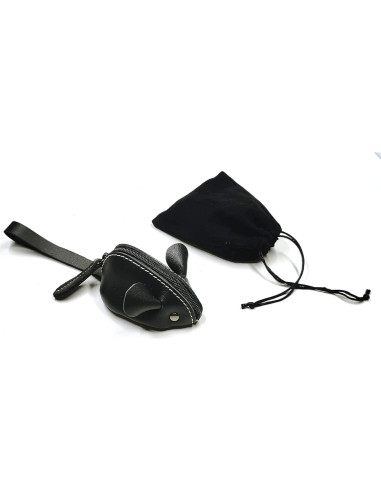 Monedero de Ratón de Cuero Genuino Niaiu Negro 7x10 cm