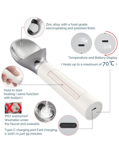 Cuchara de Helado Calentada Recargable IP67 - 70C - Blanca