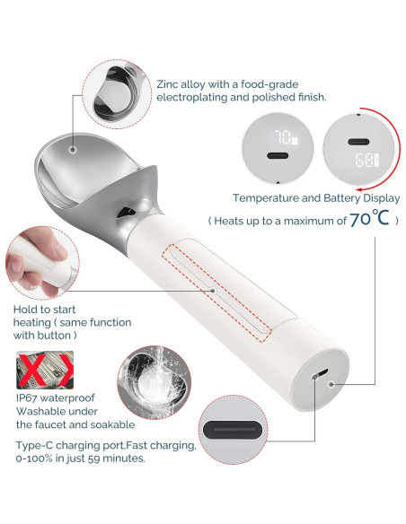 Cuchara de Helado Calentada Recargable IP67 - 70C - Blanca