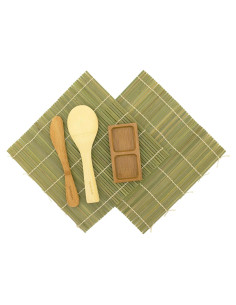 Kit de Sushi BambooMN - 2 Esteras de Bambú Verde, Cucharón y Plato