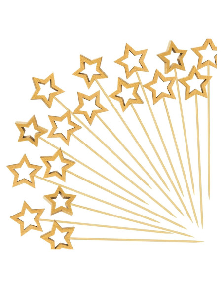 100 Palillos de Cóctel de Bambú SEANSDA con Estrella Dorada 14.2 cm