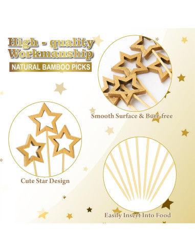 100 Palillos de Cóctel de Bambú SEANSDA con Estrella Dorada 14.2 cm