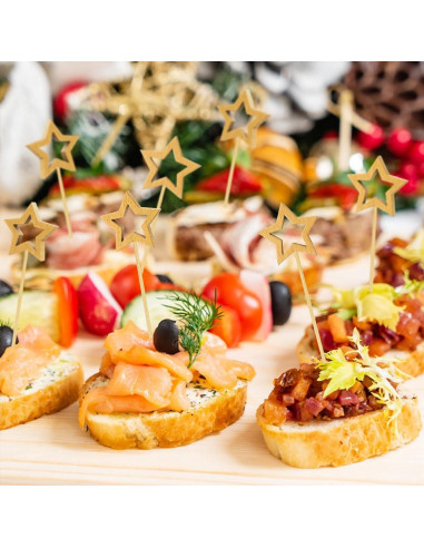 100 Palillos de Cóctel de Bambú SEANSDA con Estrella Dorada 14.2 cm