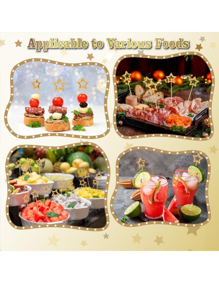 100 Palillos de Cóctel de Bambú SEANSDA con Estrella Dorada 14.2 cm