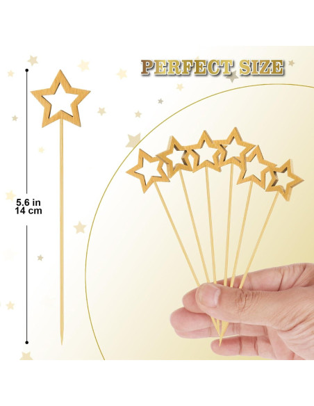 100 Palillos de Cóctel de Bambú SEANSDA con Estrella Dorada 14.2 cm