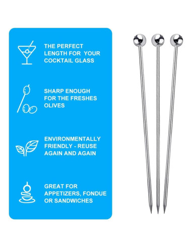 15 Palillos de Cóctel Reutilizables FATLODA Acero Inoxidable 10.9 cm