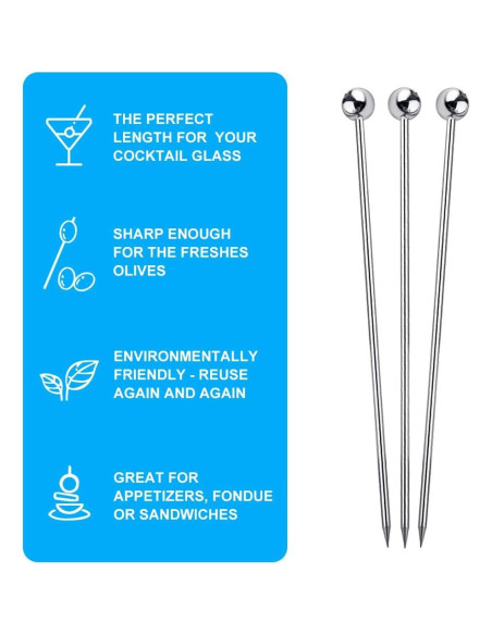 15 Palillos de Cóctel Reutilizables FATLODA Acero Inoxidable 10.9 cm