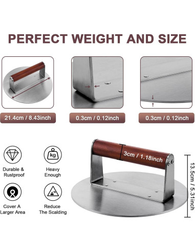 Prensa para Hamburguesas Whaleme 8.5" Acero Inoxidable Antiadherente