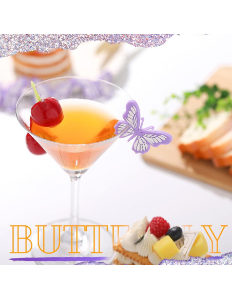 16 Marcadores de Bebida de Silicona Morados Mariposa para Fiestas