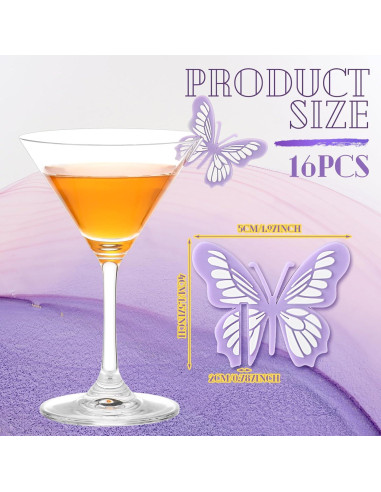 16 Marcadores de Bebida de Silicona Morados Mariposa para Fiestas