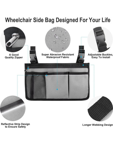Bolsa Lateral para Silla de Ruedas HSGEZUOQI Gris Impermeable