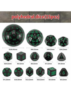 Conjunto de Dados Poliedricos CiaraQ DND 15 Piezas Negro Verde 2